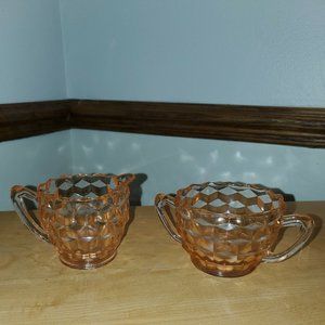 Vintage Jeanette Glass Pink Cubist Creamer and Sugar Bowl